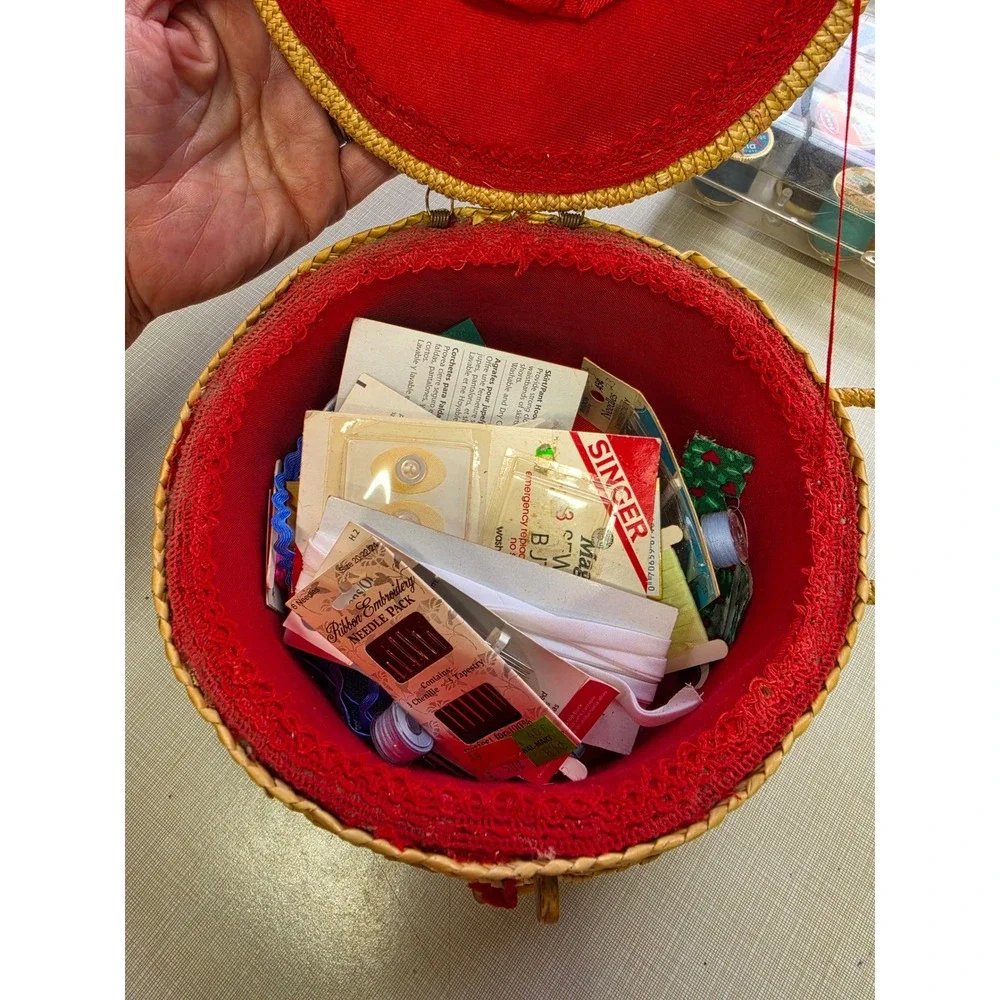 Vintage Woven Straw Sewing Basket Red Lining Raffia Floral Embroidery Round 9